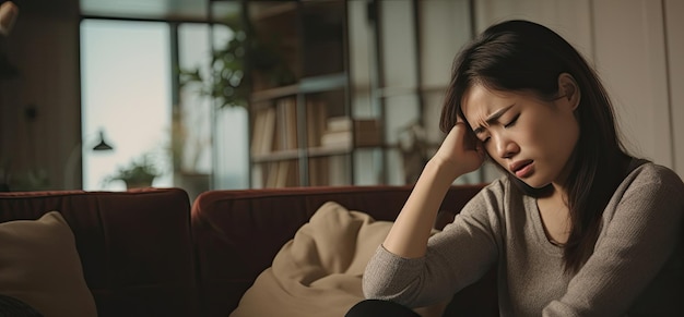 Mulher asiática descansando em casa no sofá sentindo-se exausta depois do trabalho sem energia ou sobrecarregada de trabalho muito cansada e sem motivação