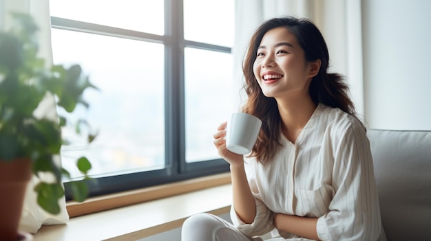 Mulher asiática desfrutando de uma caneca de café em um ambiente caseiro Criado com tecnologia Generative AI