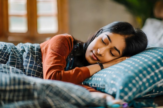 Mulher asiática dormindo tranquilamente em sua cama.