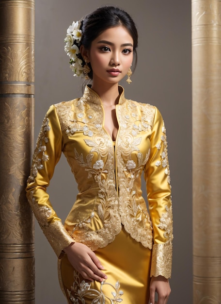 Mulher asiática em Golden Kebaya