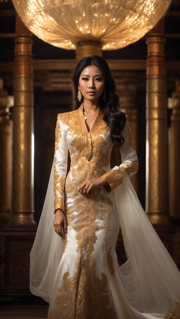 Mulher asiática em Kebaya branco e dourado