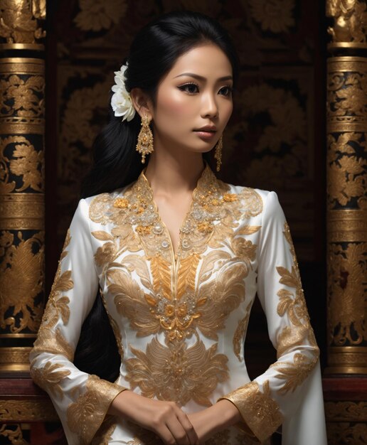 Mulher asiática em Kebaya branco e dourado