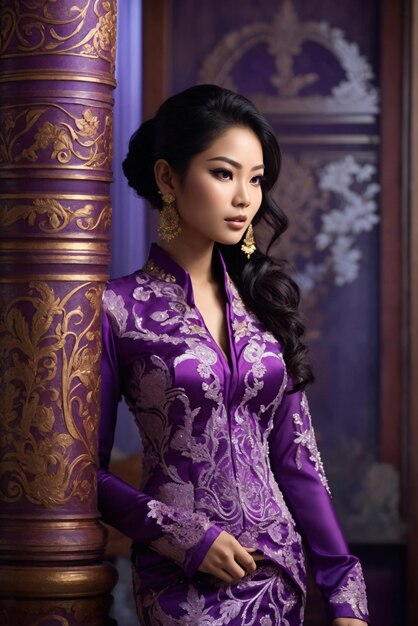 Mulher asiática em Kebaya roxo