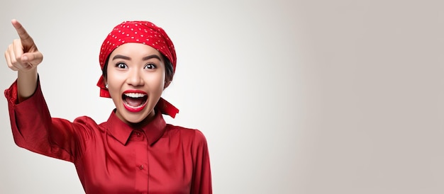 Foto mulher asiática em kebaya vermelho e bandana de bandeira apontando para o espaço vazio acima dela no fundo branco parecendo entusiasmada