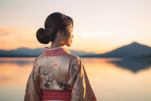 Mulher asiática em kimono tradicional japonês no Monte Fuji