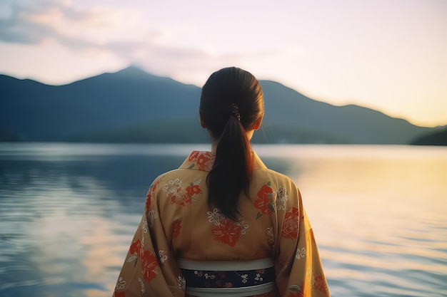 Mulher asiática em kimono tradicional japonês no Monte Fuji