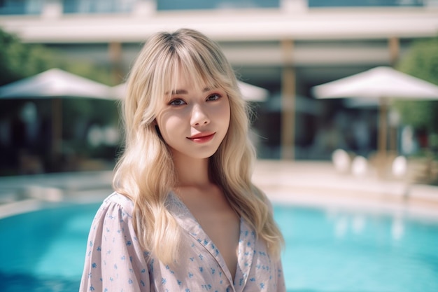 Mulher asiática em pé à beira da piscina usando um vestido floral