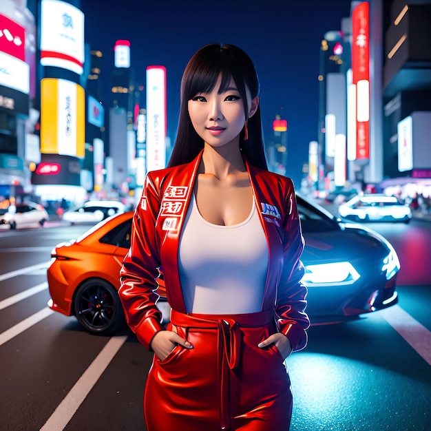 Mulher asiática em pé com o carro de rua japonês na arte generativa da rua da cidade por IA