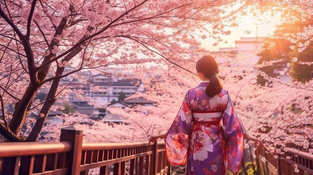 Foto mulher asiática em quimono no jardim cênico flor de cerejeira generative ai