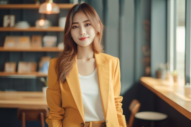 Mulher asiática em um terno amarelo fica em um café e sorri.