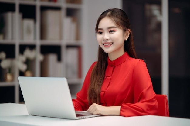 Mulher asiática em um vestido vermelho senta-se em uma mesa com um laptop