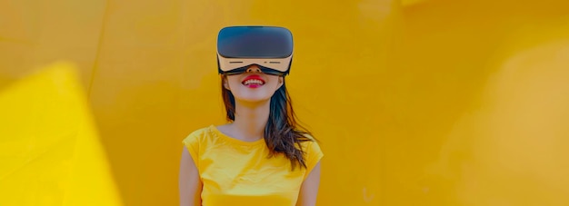 Foto mulher asiática entusiasmada com camisa amarela desfrutando de uma experiência de vr imersiva com videogames sentindo-se espantada e entretida na tecnologia de realidade virtual