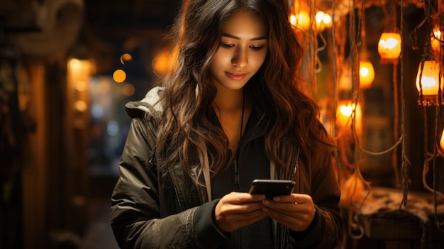 Mulher asiática envia mensagem de texto no telemóvel