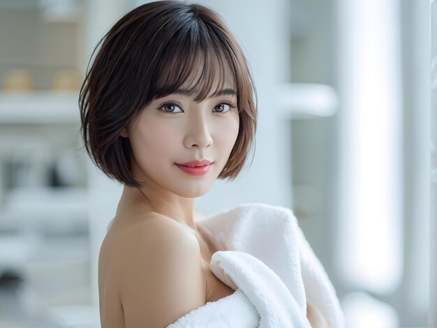 Foto mulher asiática envolta em uma toalha está posando para uma foto