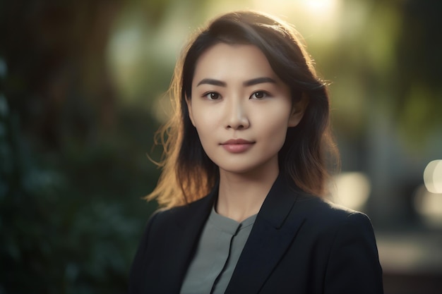 Mulher asiática, escritório feliz, empresária, cópia de retrato, empresário espacial confiante, IA generativa