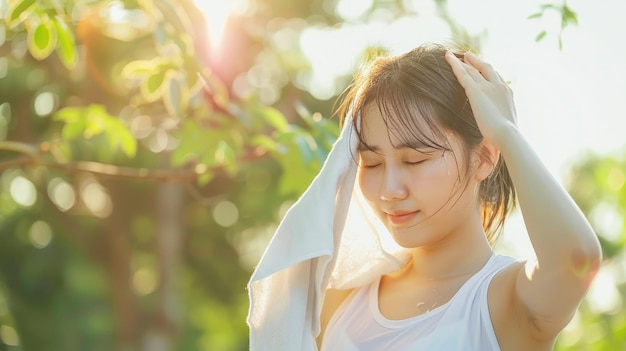 Mulher asiática estressada a secar o suor com um pano num dia quente de verão