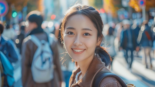 Mulher asiática fazendo compras no distrito de Shibuya, Tóquio, Japão, com a multidão de pessoas caminhando pela cidade.