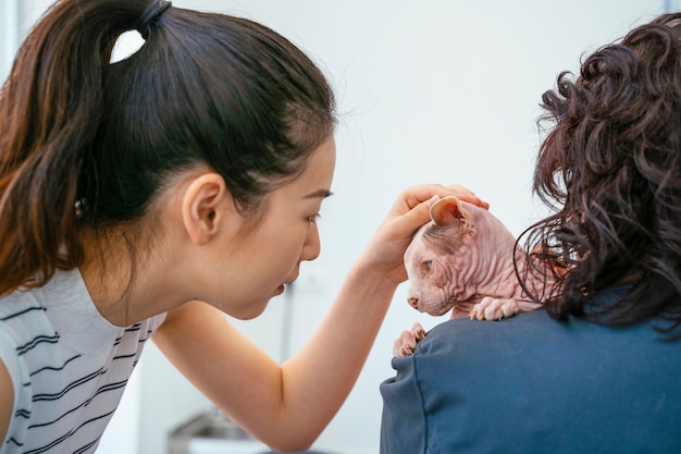 Mulher asiática fazendo visita anual de check-up ao veterinário.