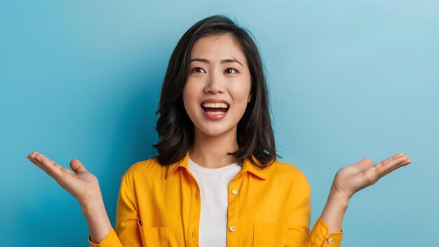 Foto mulher asiática feliz com camisa amarela e boca aberta sobre o espaço azul