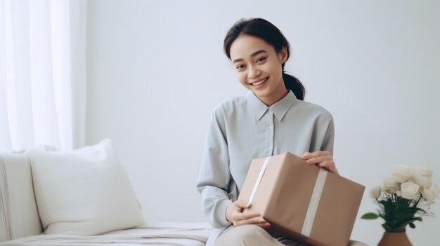 Mulher asiática feliz e sorridente segurando um presente Copiar espaço para texto