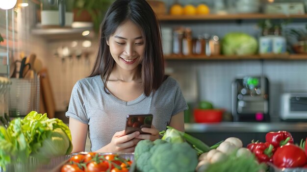Mulher asiática feliz na cozinha com novos mantimentos utilizando seu smartphone Generative Ai