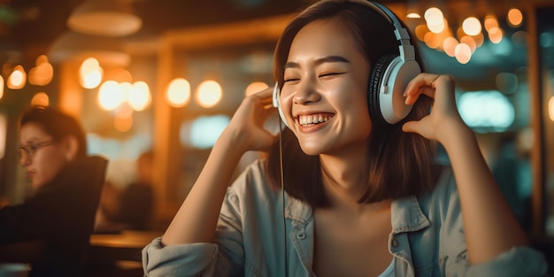 mulher asiática feliz ouvindo música através de fones de ouvido sem fio em uma cafeteria
