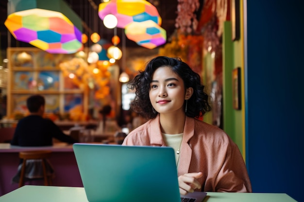 mulher asiática feliz sentada à mesa com laptop em um café