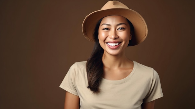 Mulher asiática feliz vestindo camisa e chapéu castanhos