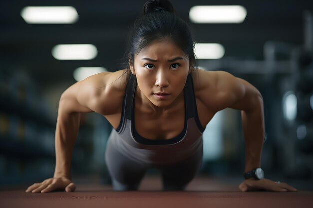 Mulher asiática forte a fazer flexões no ginásio.