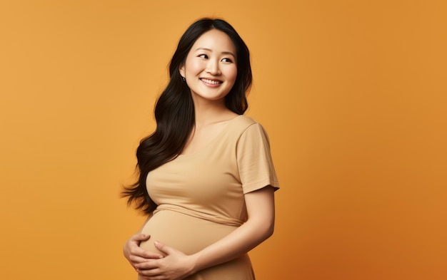 mulher asiática grávida feliz tocando sua barriga