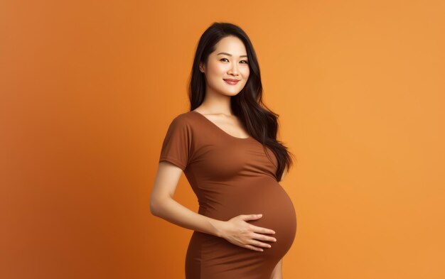 mulher asiática grávida feliz tocando sua barriga