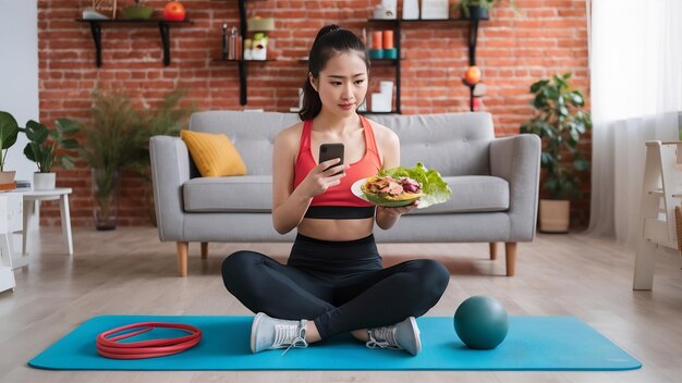 Foto mulher asiática insatisfeita vestida com roupas esportivas leva um estilo de vida saudável segura salada de alface e smartp