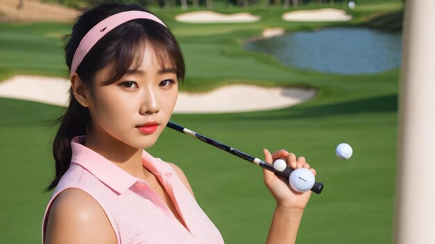 Mulher asiática jogando golfe