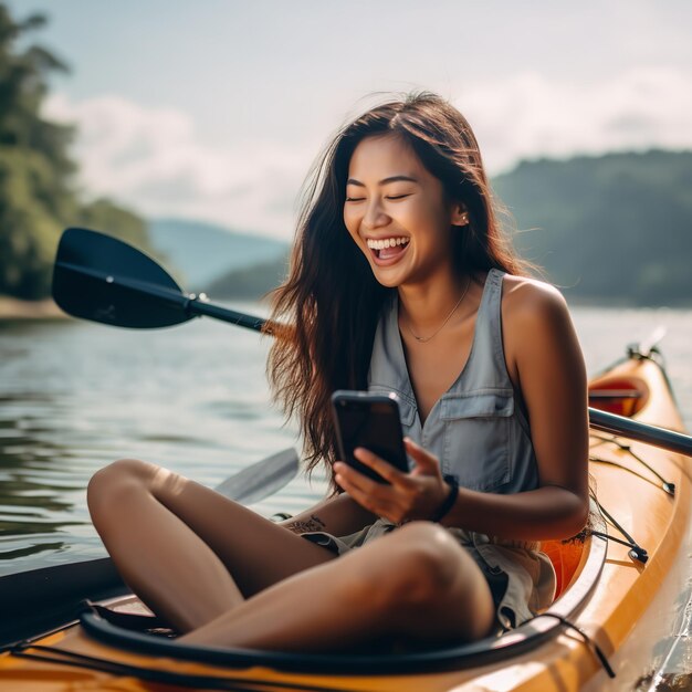 Mulher asiática mais jovem com smartphone na mão sentada no mar em um barco Ai generative