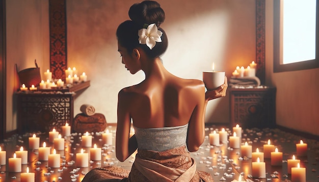 Mulher asiática mantém ritual de vela em tratamento de spa