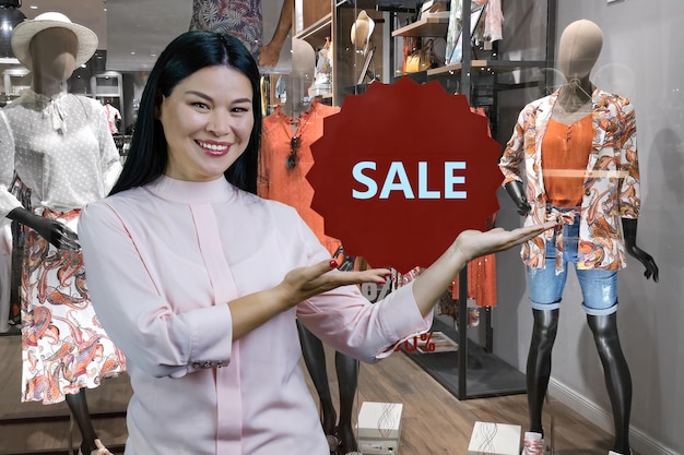 Mulher asiática morena sorridente anunciando desconto em loja de roupas