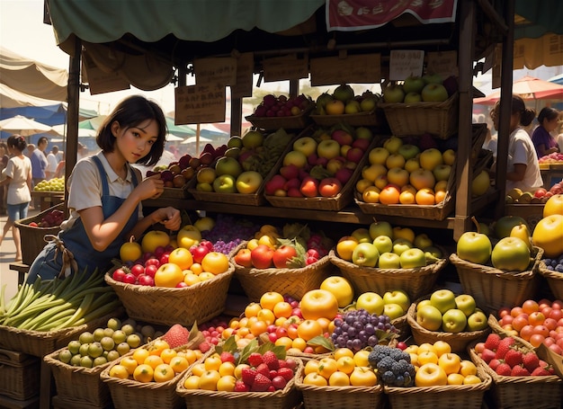 Mulher asiática na rua vende vegetais e frutas locais