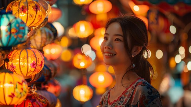 Mulher asiática olhando para lanternas de papel em um mercado