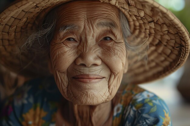 Mulher asiática ou indonésia com rugas usando chapéu de sol