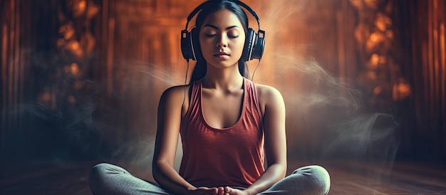 Mulher asiática ouvindo música com fone de ouvido e smartphone depois de fazer ioga e exercícios em casa com espaço para cópia