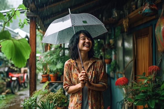 Mulher asiática relaxada desfrutando e sorrindo na chuva fresca em meio a uma bela tradição