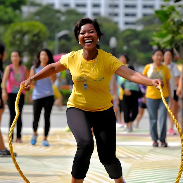 Mulher asiática se exercitando com pular corda no parque Conceito de estilo de vida saudável
