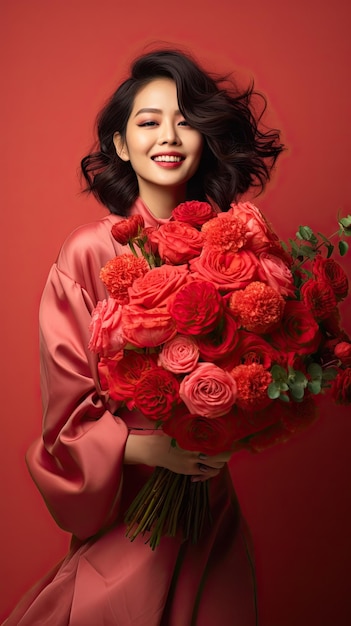 Mulher asiática segurando florista de buquê de flores