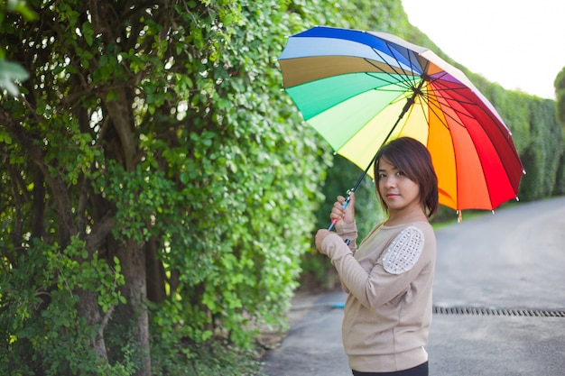 Mulher asiática segurando um guarda-chuva na calçada.