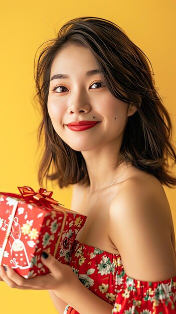 Mulher asiática segurando uma caixa de presentes