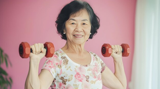 Mulher asiática sênior fazendo exercício com halterofilho