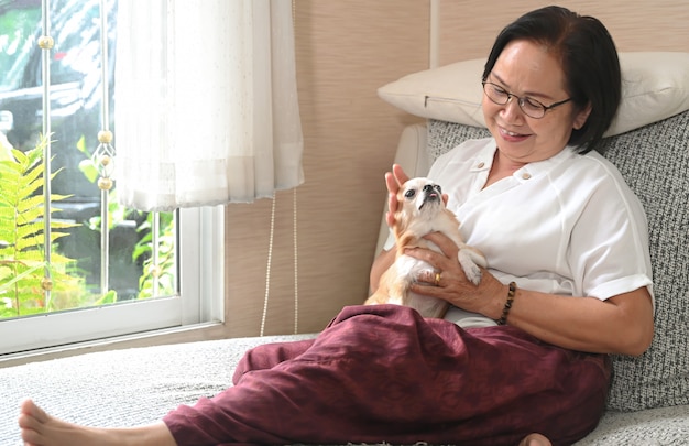 Mulher asiática sênior, sentada com um cachorro no sofá, ela descansou e sorriu.