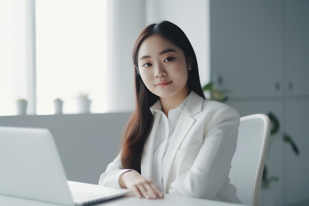 Mulher asiática sentada em uma mesa com um laptop