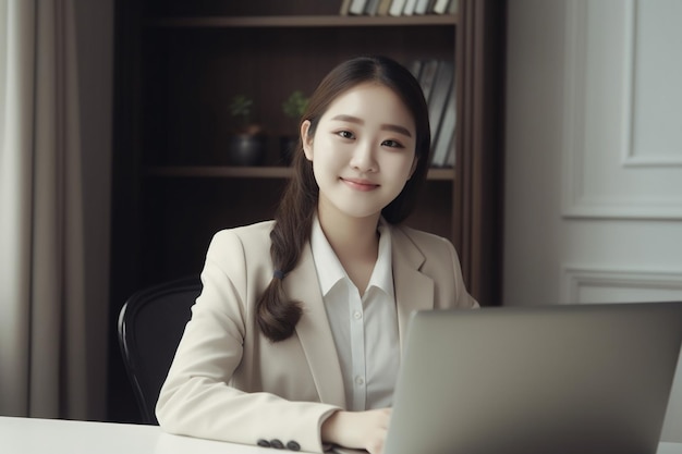 Mulher asiática sentada sorrindo com laptop