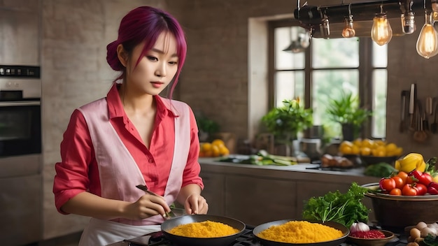 Foto mulher asiática sexy cozinhando fundo muito legal